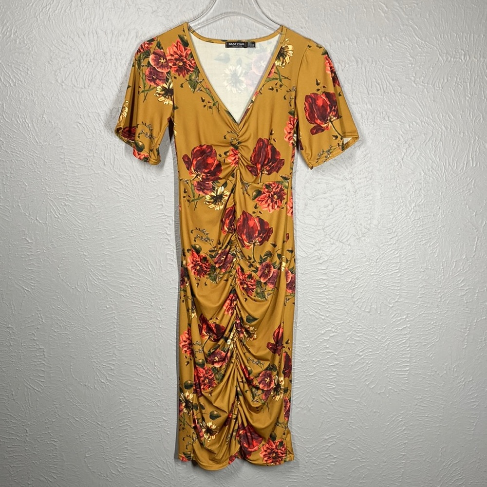 Nasty Gal Collection Floral Print Ruched Short Sleeve Dress Women's Size…